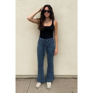 T-Party Y2K Pants Womens Small Drawstring Blue Acid Wash Rib Knit Lounge‎ Flare